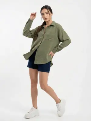 20153 Tek Cepli Oversize Keten Gömlek - A.Haki