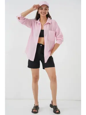 20153 Tek Cepli Oversize Keten Gömlek - A.Pudra