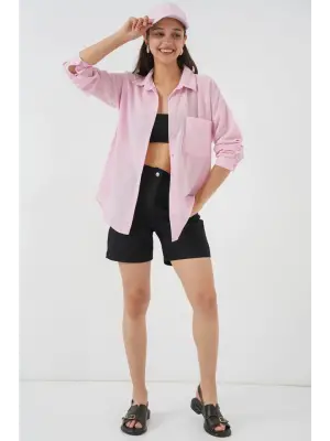 20153 Tek Cepli Oversize Keten Gömlek - A.Pudra