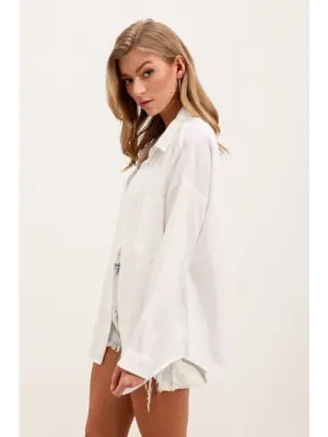 20153 Tek Cepli Oversize Keten Gömlek - Beyaz