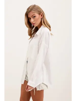 20153 Tek Cepli Oversize Keten Gömlek - Beyaz