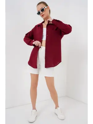 20153 Tek Cepli Oversize Keten Gömlek - Bordo