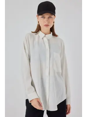 20153 Tek Cepli Oversize Keten Gömlek - Ekru