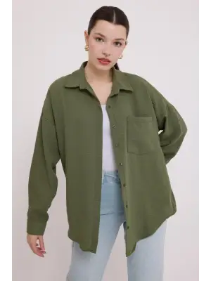 20153 Tek Cepli Oversize Keten Gömlek - Haki