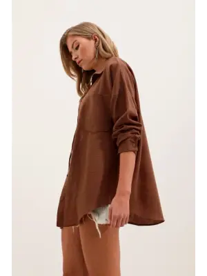 20153 Tek Cepli Oversize Keten Gömlek - Kahverengi