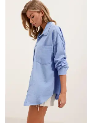 20153 Tek Cepli Oversize Keten Gömlek - Mavi