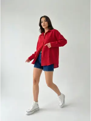 20153 Tek Cepli Oversize Keten Gömlek - Nar