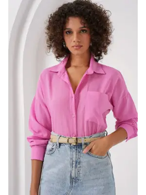 20153 Tek Cepli Oversize Keten Gömlek - Pembe