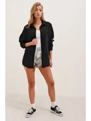 20153 Tek Cepli Oversize Keten Gömlek - Siyah