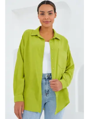 20153 Tek Cepli Oversize Keten Gömlek - Yağ Yeşil