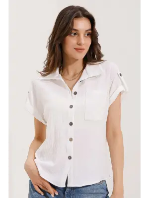 20187 Kısa Kol Oversize Örme Gömlek - Beyaz