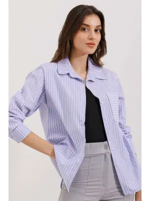 20205 Çizgili Oversize Gömlek - Mavi