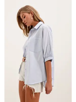 20213 Oversize Kısa Kol Basic Gömlek - Bebe Mavi