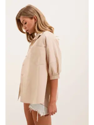 20213 Oversize Kısa Kol Basic Gömlek - Krem