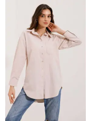 20217 Cep Detaylı Çizgili Oversize Gömlek - Bej