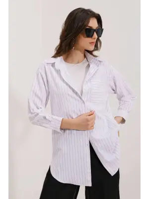 20217 Cep Detaylı Çizgili Oversize Gömlek - Beyaz