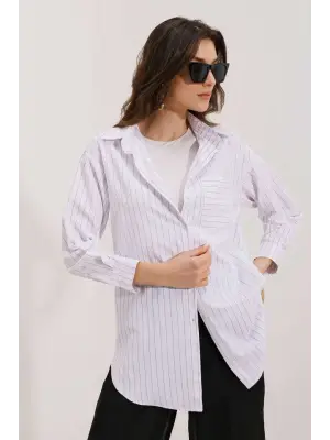 20217 Cep Detaylı Çizgili Oversize Gömlek - Beyaz