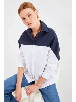 20221 Blok Renkli Oversize Gömlek - Lacivert