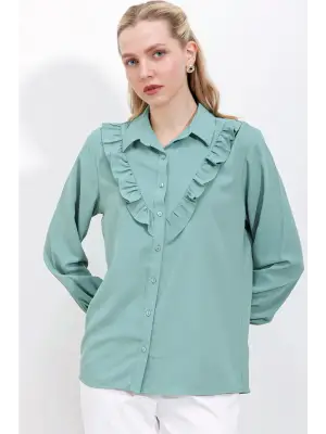 20223 Fırfırlı Uzun Kol Gömlek - Çağla