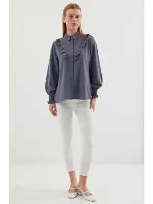 20223 Fırfırlı Uzun Kol Gömlek - Gri