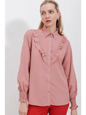 20223 Fırfırlı Uzun Kol Gömlek - Gül Kurusu