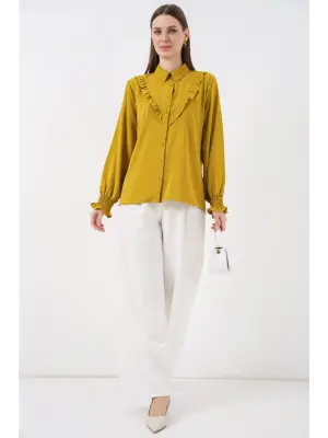 20223 Fırfırlı Uzun Kol Gömlek - Hardal