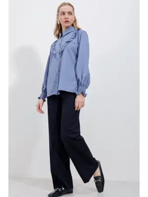 20223 Fırfırlı Uzun Kol Gömlek - İndigo