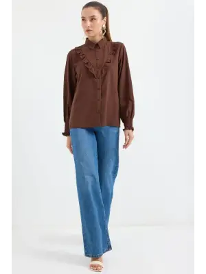 20223 Fırfırlı Uzun Kol Gömlek - Kahverengi