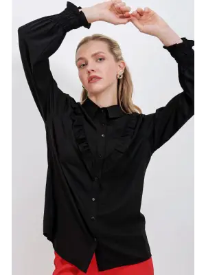 20223 Fırfırlı Uzun Kol Gömlek - Siyah