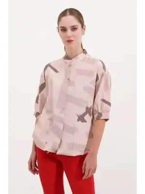 20226 Desenli Oversize Gömlek - Bej