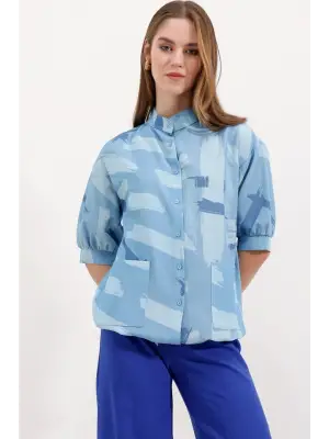 20226 Desenli Oversize Gömlek - Mavi