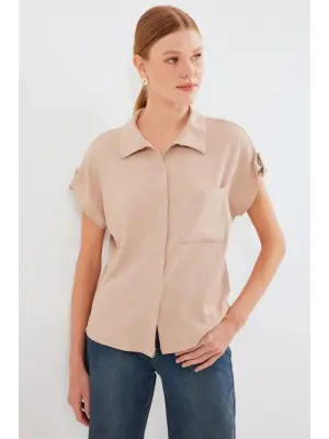 20256 Manşetli Double Kısa Kollu Gömlek - Bisküvi