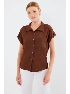 20256 Manşetli Double Kısa Kollu Gömlek - Kahverengi