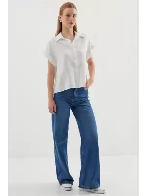 20261 Kısa Kol Oversize Keten Gömlek - Mavi