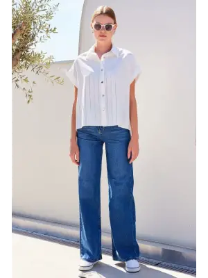 20262 Kısa Kol Çizgili Gömlek - Beyaz