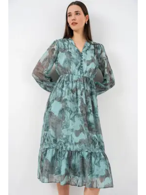 2137 Desenli Şifon Elbise - Mint Yeşili