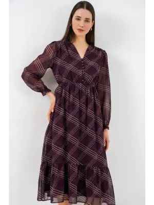 2137 Desenli Şifon Elbise - Mor