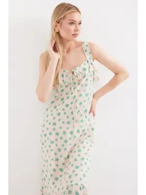 2237 Desenli Askılı Viskon Elbise - Çağla