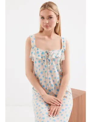 2237 Desenli Askılı Viskon Elbise - Mavi