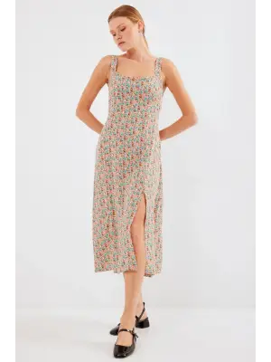 2282 Yırtmaçlı Askılı Viskon Elbise - Çok Renkli