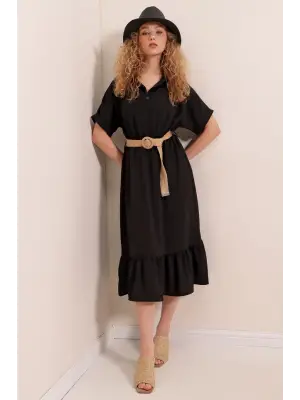 2292 Kemerli Elbise - Siyah