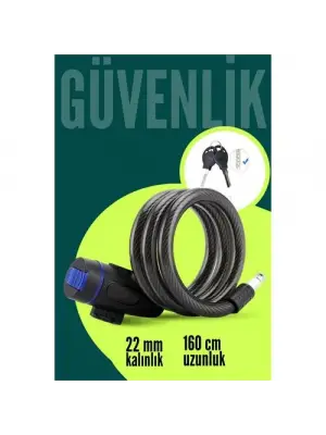 22mm Çelik Halatlı Bisiklet Kilidi - 160cm Anahtarlı Scoooter Motosiklet Kilidi