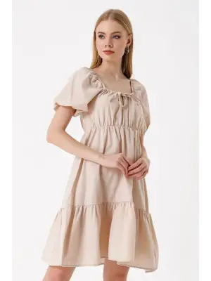 2351 Kloş Poplin Elbise - Bej