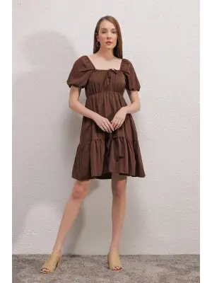 2351 Kloş Poplin Elbise - Kahverengi
