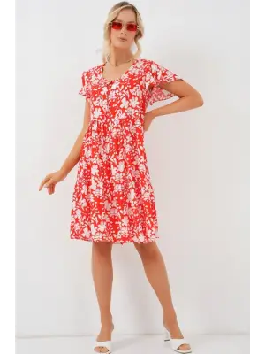 2352 V Yaka Kısa Elbise - Kırmızı