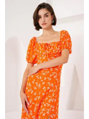 2387 Yırtmaç Detaylı Elbise - Turuncu