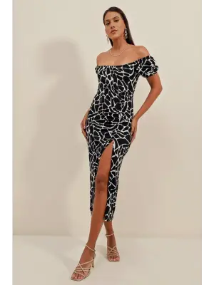 2396 Yırtmaçlı Yazlık Örme Elbise - A.Siyah