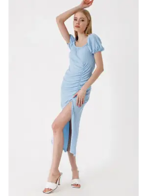 2396 Yırtmaçlı Yazlık Örme Elbise - Mavi