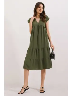 2398 V Yaka Volanlı Elbise - Haki