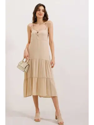 2403 Askılı Midi Elbise - Krem